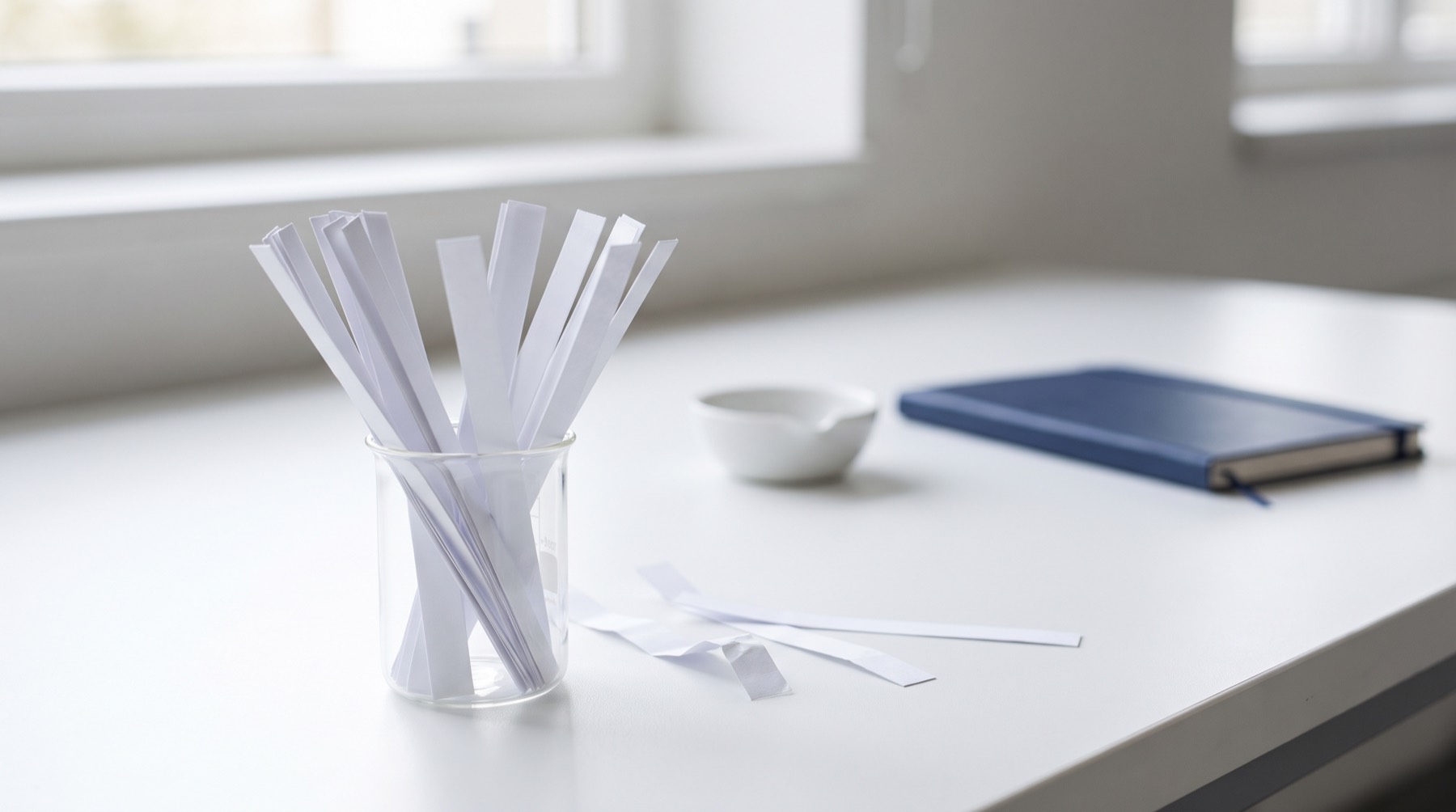 Tiras de papel para oler en un vaso de precipitados sobre una mesa blanca de laboratorio de aromas